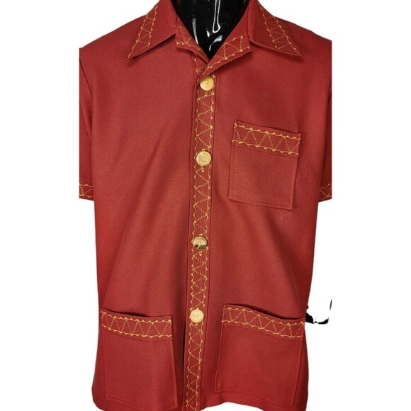 Vintage MCM Wood Buttons Radio Wave Stitch Men's Tiki Rockabilly Camp Shirt L/XL - Picture 8 of 9